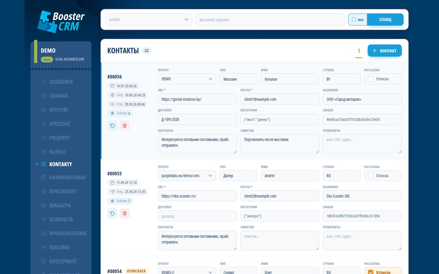 BoosterCRM — Kontakty