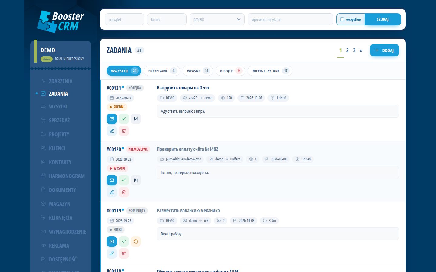 BoosterCRM — Zadania